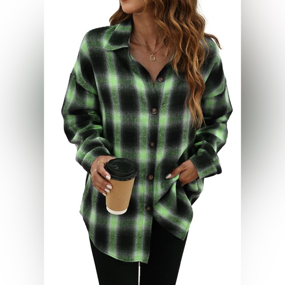 Green Plaid Flannel Shirt | Oversized Button Down | Cozy Fall Shacket - Picture 2 of 3